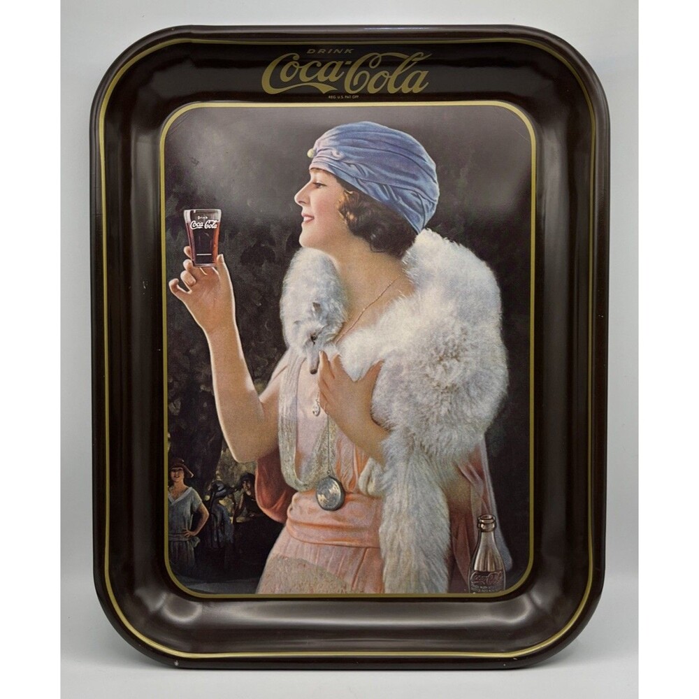 Vintage 1973 Coca Cola Serving Tray 1925 Advertisement Flapper Girl brown edging